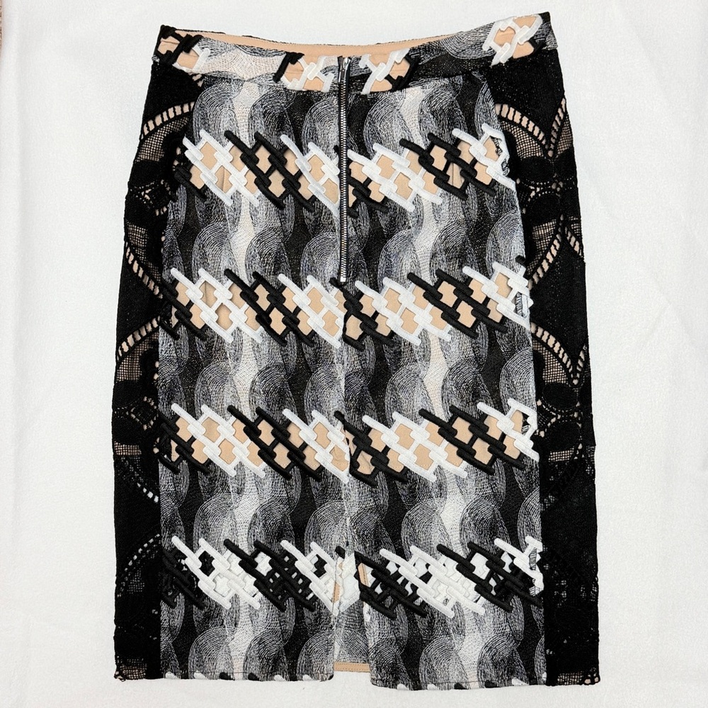 NWOT Endless Rose Lace Chevron Midi Skirt Black Cream Nude Anthropologie Size 6 - Picture 4 of 7